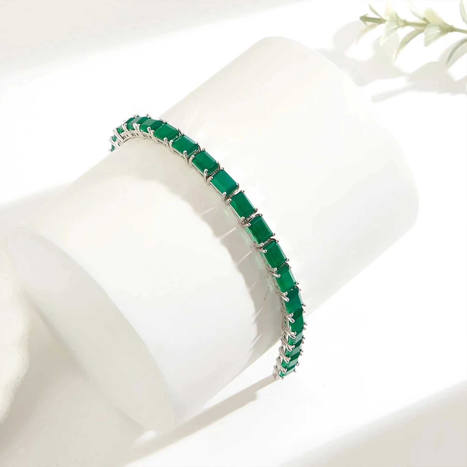 Green Agate Geometric Silver Bracelet